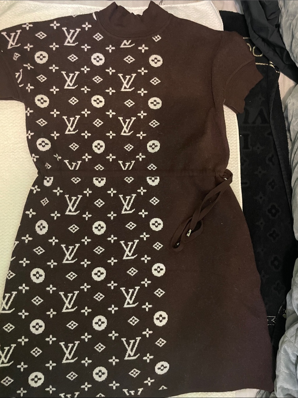 Luxury-Inspired Brown Knit Maxi Dress with Monogram Jacquard